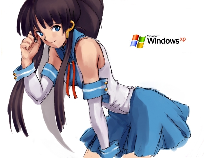 xp-tan, os-tan, 1girl, black hair, blue eyes, blue skirt, female focus, leaning forward, long hair, sidelocks, simple background, skirt, smile, solo, white background