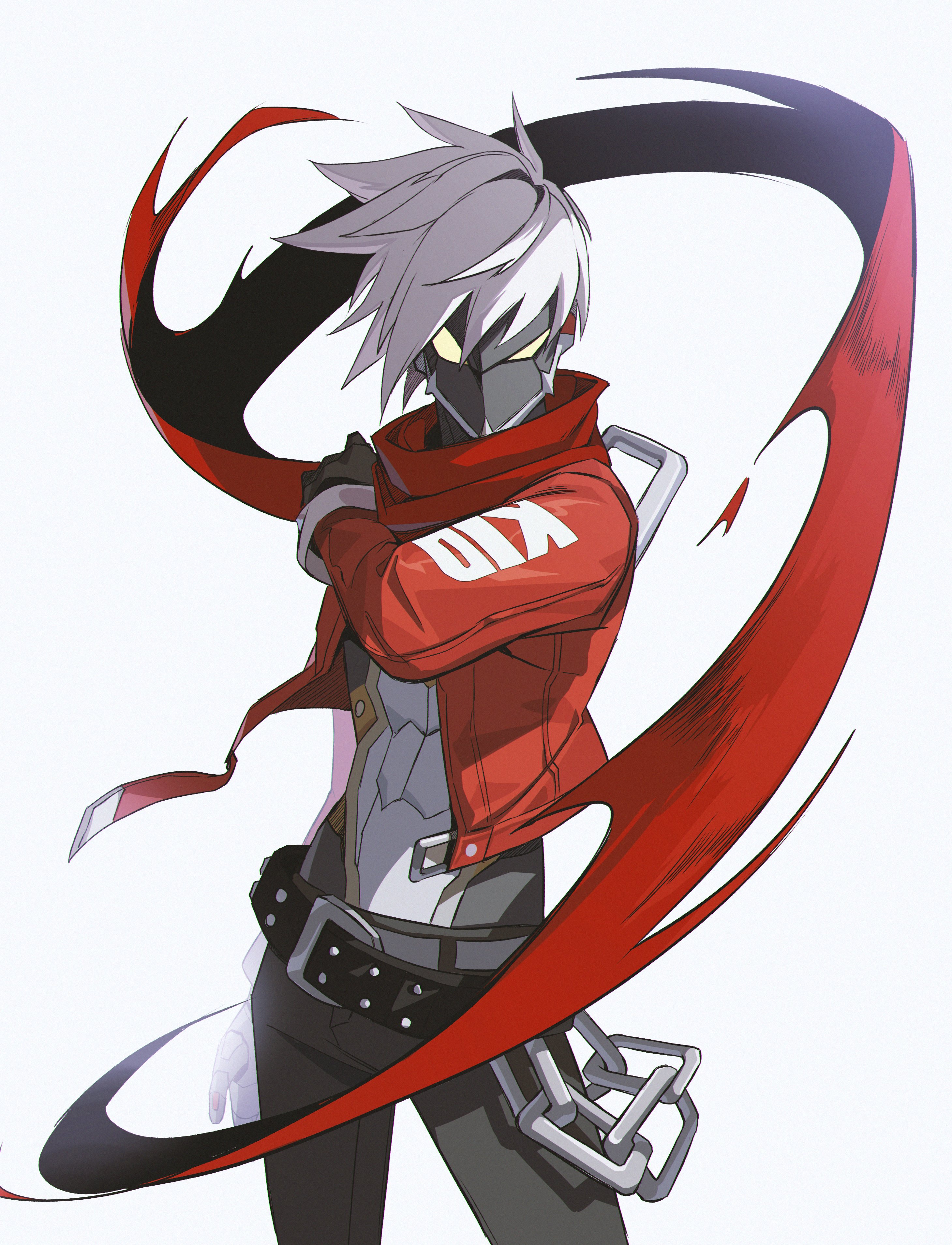 billy kid, zenless zone zero, absurdres, commentary, hashtag-only commentary, highres, 1boy, abs, arm up, belt, belt buckle, black belt, black pants, buckle, chain, cyborg, hair down, jacket, like0629521, long sleeves, male focus, open clothes, open jacket, pants, red jacket, red scarf, scarf, short hair, simple background, sleeve cuffs, solo, standing, studded belt, uneven eyes, white background, white hair