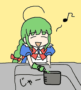 me-tan, os-tan, animated, animated gif, lowres, tagme, ahoge, cooking pot, holding, holding cooking pot, solo, yakisoba spill, yellow background