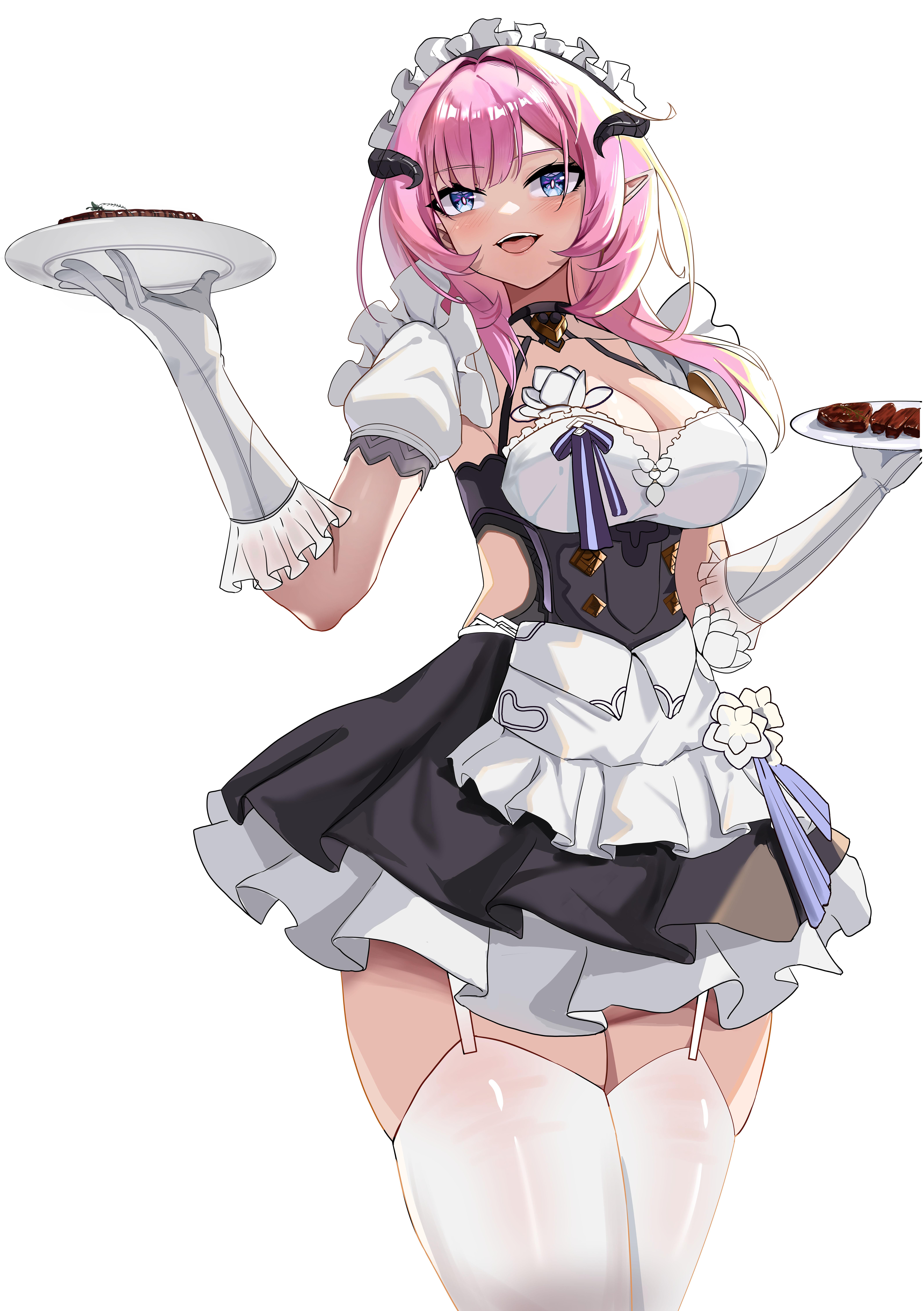 qingshi (jntw5555), elysia (honkai impact), elysia (miss pink) (honkai impact), elysia (miss pink elf) (honkai impact), honkai (series), honkai impact 3rd, absurdres, commentary request, highres, 1girl, black dress, blue eyes, breasts, cleavage, dress, elf, fake horns, gloves, holding, holding plate, horns, large breasts, long hair, maid, official alternate costume, open mouth, pink hair, plate, pointy ears, simple background, solo, thighhighs, thighs, white background, white gloves, white thighhighs, zettai ryouiki