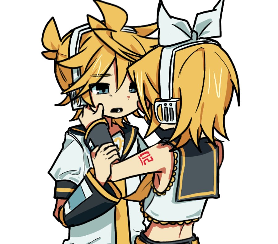 gagwan, kagamine len, kagamine rin, vocaloid, commentary request, korean commentary, variant set, 1boy, 1girl, aqua eyes, arm tattoo, bare shoulders, bass clef, blonde hair, bow, hair ornament, hand on another's cheek, hand on another's face, hands on another's cheeks, hands on another's face, headphones, headset, leg warmers, neckerchief, necktie, shirt, siblings, tattoo, white background, white bow, white shirt, yellow nails, yellow neckerchief, yellow necktie