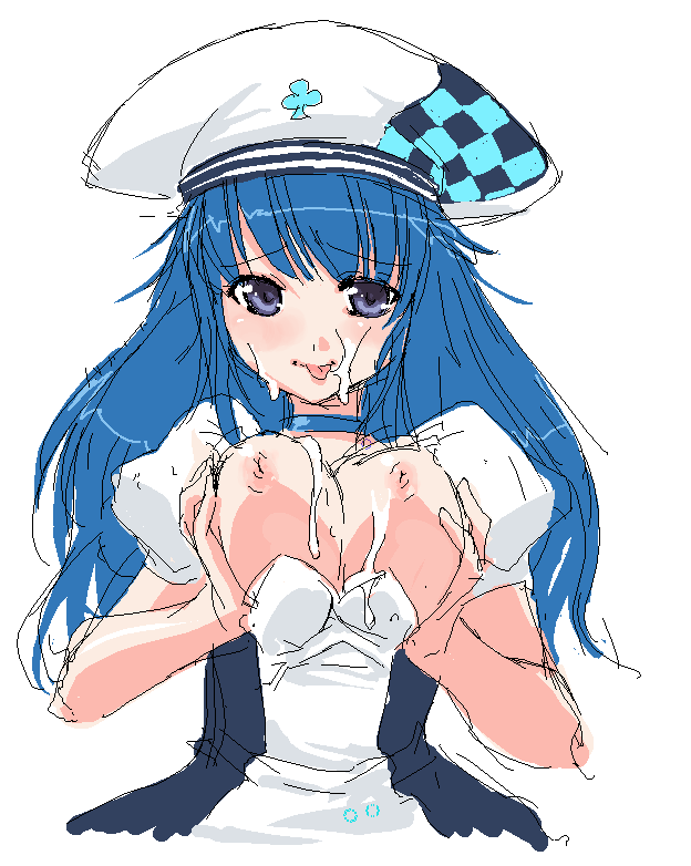 onija tarou, arin (pangya), pangya, 1girl, beret, blue eyes, blue hair, breasts, breasts squeezed together, collar, cum, cum on body, facial, female focus, hat, long hair, matching hair/eyes, oekaki, solo, tongue, white background, zamen
