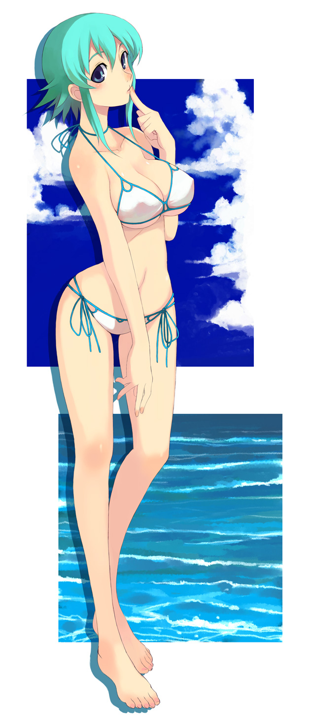 kusanagi tonbo, original, highres, 1girl, aqua hair, barefoot, bikini, blue eyes, breasts, cleavage, covered erect nipples, day, feet, female focus, large breasts, legs, ocean, outdoors, short hair, side-tie bikini bottom, sky, solo, string bikini, swimsuit, underboob, water, white bikini
