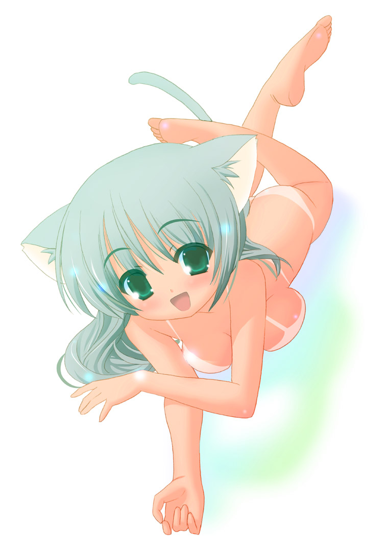 houmitsu, original, 1girl, :d, animal ears, ass, barefoot, bikini tan, cat ears, cat girl, cat tail, completely nude, feet, female focus, green eyes, green hair, long hair, lying, matching hair/eyes, nude, on stomach, open mouth, smile, soles, solo, tail, tan, tanline, toes