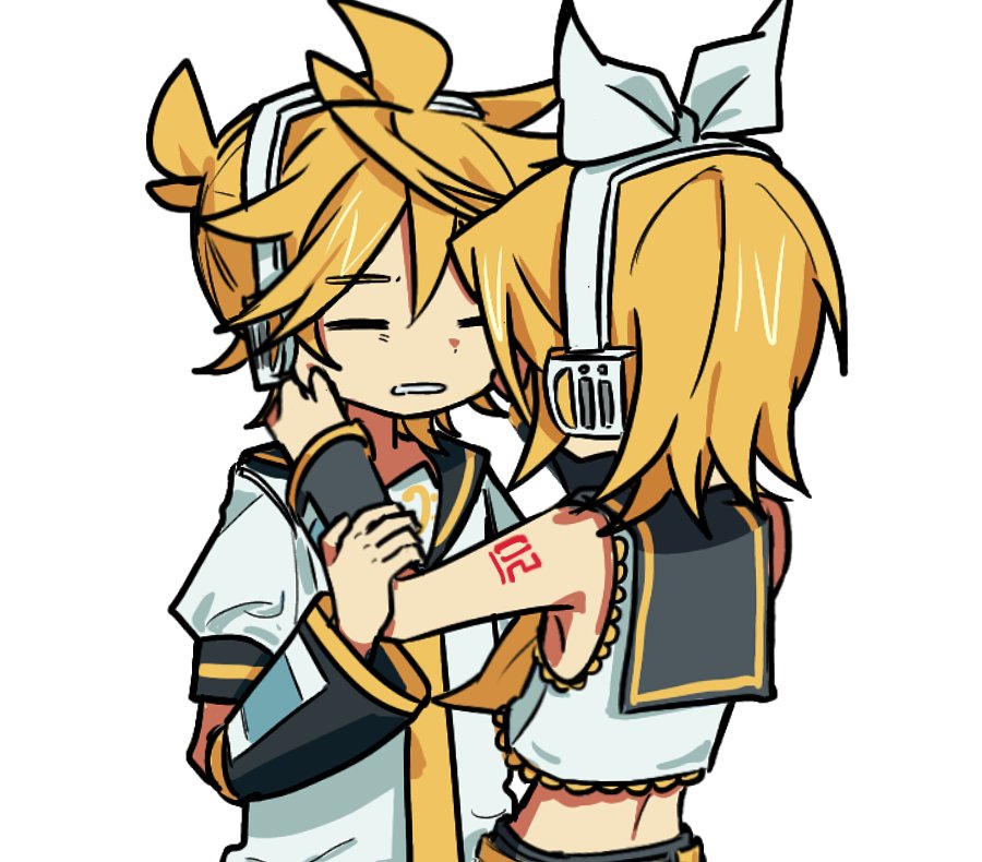 gagwan, kagamine len, kagamine rin, vocaloid, commentary request, korean commentary, variant set, 1boy, 1girl, aqua eyes, arm tattoo, bare shoulders, bass clef, blonde hair, bow, cheek pull, clenched teeth, closed eyes, hair ornament, hand on another's cheek, hand on another's face, hands on another's cheeks, hands on another's face, headphones, headset, leg warmers, neckerchief, necktie, shirt, siblings, tattoo, teeth, white background, white bow, white shirt, yellow nails, yellow neckerchief, yellow necktie