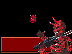terusuke, momotaros, kamen rider, kamen rider den-o (series), …, 1boy, armor, black room, dark room, dialogue box, holding, holding sword, holding weapon, male focus, monster, monster boy, oni, over shoulder, pixelated, red armor, sword, sword over shoulder, thumbs up, weapon, weapon over shoulder