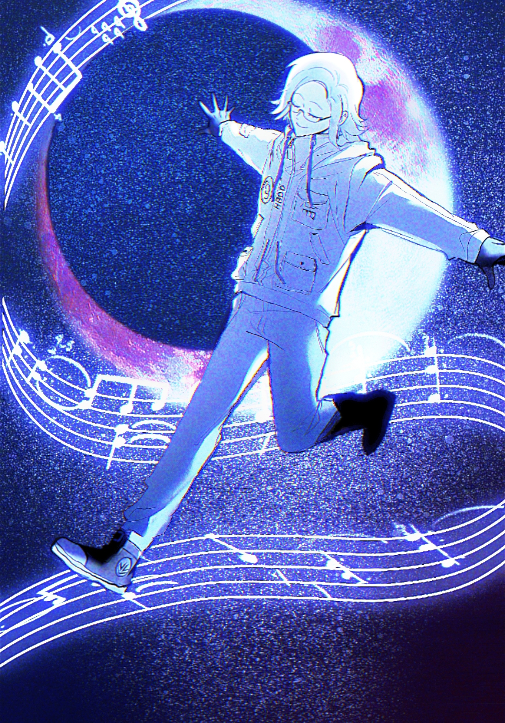 aotsuki eito, the hundred line -last defense academy-, commentary, english commentary, highres, 1boy, black gloves, black shoes, closed eyes, crescent moon, glasses, gloves, grey hair, jacket, male focus, moon, musical note, musical staff, outstretched arms, pants, senrenbushizhou, shoes, short hair, smile, spread arms, walking, white jacket, white pants
