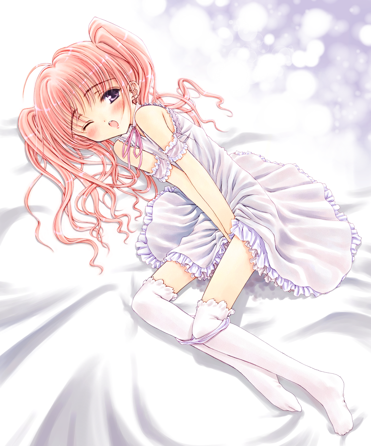 focke wulf, copyright request, highres, source request, 1girl, ahoge, armband, bed sheet, blue panties, blush, dress, female focus, female masturbation, flat chest, frills, loli, long hair, lying, masturbation, on side, open mouth, panties, panty pull, pink hair, purple eyes, solo, thighhighs, twintails, underwear, v arms, white thighhighs, wince