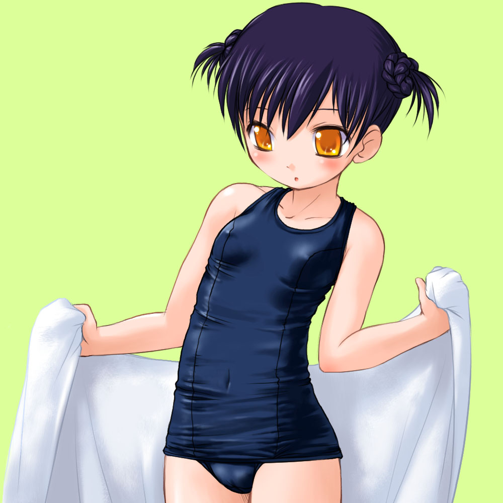 bosshi, blue hair, blush, braid, double bun, flat chest, green background, hair bun, loli, one-piece swimsuit, open mouth, orange eyes, outstretched arms, purple hair, school swimsuit, short hair, short twintails, simple background, solo, spread arms, swimsuit, towel, twintails, yellow eyes