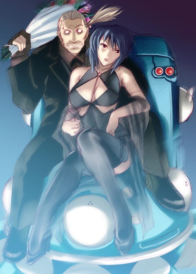 chiba toshirou, batou (gits), kusanagi motoko, tachikoma, ghost in the shell, ghost in the shell: stand alone complex, 00s, 1boy, 1girl, breasts, cleavage, cyborg, flower, large breasts, purple hair, red eyes, science fiction, thighhighs