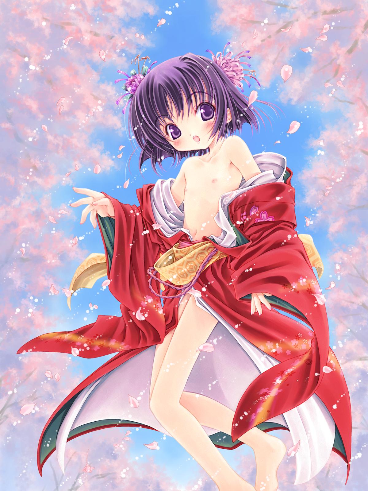 focke wulf, copyright request, highres, 1girl, blush, cherry blossoms, female focus, flat chest, flower, hair ornament, japanese clothes, loli, nipples, open clothes, open mouth, open shirt, purple eyes, purple hair, shirt, short hair, solo