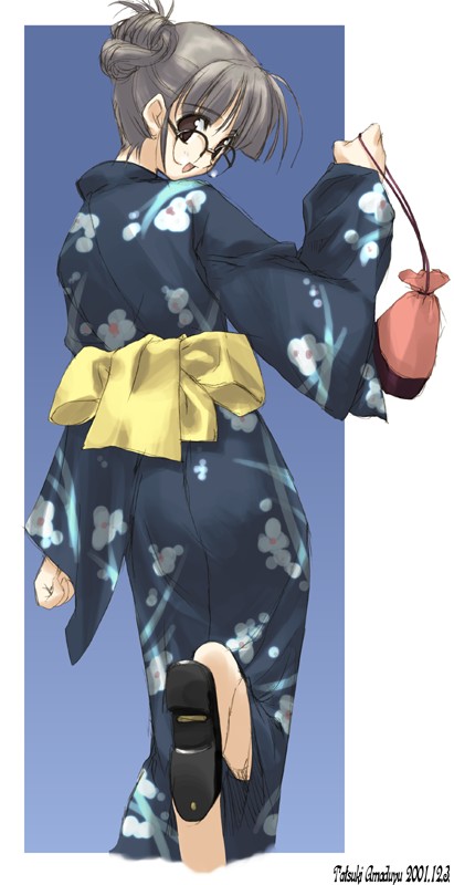 amazuyu tatsuki, makimura minami, comic party, 00s, 1girl, blue kimono, female focus, glasses, japanese clothes, kimono, obi, pouch, sash, solo, yukata