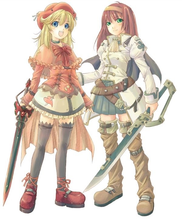 jpeg artifacts, 2girls, belt, black thighhighs, blonde hair, blue eyes, boots, bow, brown hair, collar, frills, green eyes, hairband, hat, miniskirt, multiple girls, pleated skirt, red hair, skirt, sword, thigh boots, thighhighs, weapon, zettai ryouiki