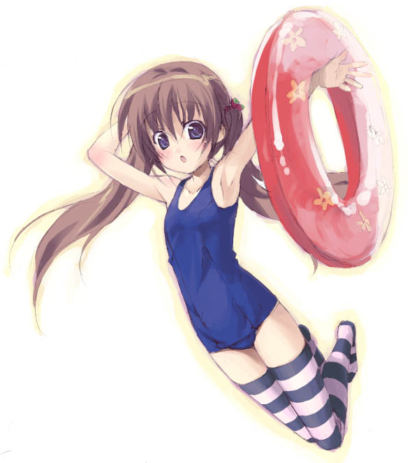 minamino kanata, innertube, one-piece swimsuit, school swimsuit, solo, striped clothes, striped thighhighs, swim ring, swimsuit, thighhighs