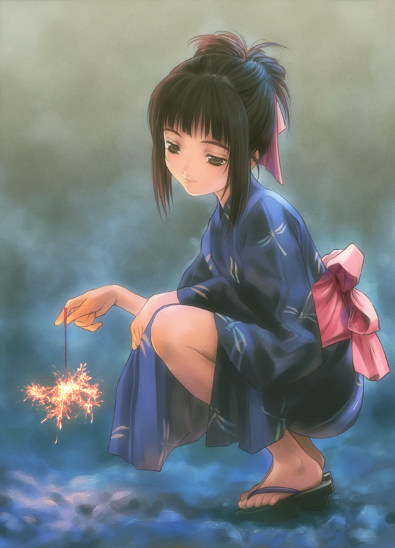 goto p, original, 1girl, animal print, blue kimono, bow, bowtie, brown eyes, brown hair, bug, dragonfly, expressionless, feet, female focus, fireworks, from side, full body, hair ribbon, insect, japanese clothes, kimono, obi, okobo, platform sandals, ribbon, sandals, sash, senkou hanabi, sidelocks, solo, sparkler, squatting, toes, yukata