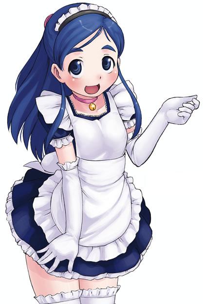 kei jiei, yukishiro honoka, futari wa precure, precure, jpeg artifacts, 00s, 1girl, apron, bell, blue eyes, blue hair, blush, choker, cowboy shot, elbow gloves, female focus, frilled gloves, frilled thighhighs, frills, gloves, jingle bell, long hair, maid, maid apron, matching hair/eyes, neck bell, simple background, solo, thighhighs, white background, white gloves, white thighhighs, zettai ryouiki
