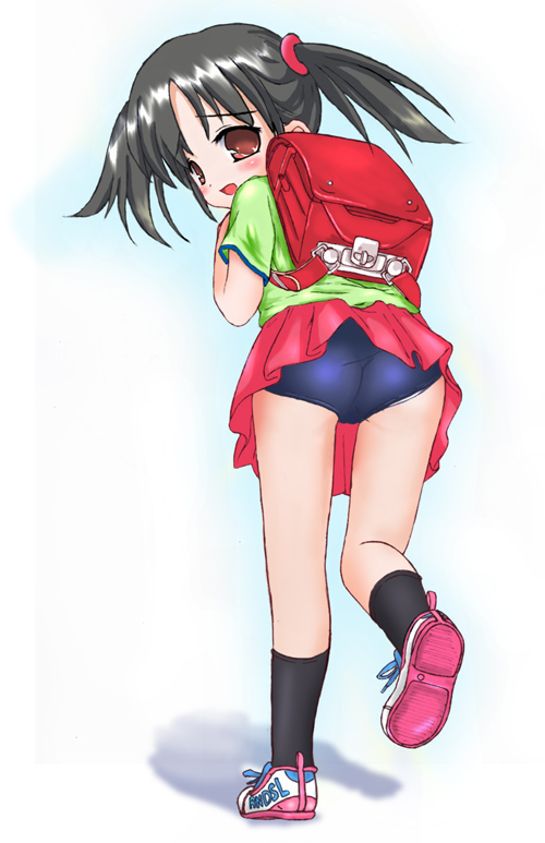 tagme, backpack, bag, buruma, gym uniform, loli, pink shoes, randoseru, shoes, solo, twintails