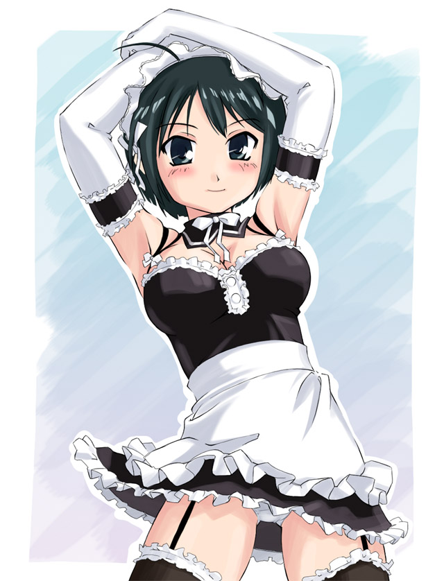 sawatari izumi, kore ga watashi no goshujin-sama, artist request, 00s, 1girl, ahoge, apron, arm garter, armpits, arms up, bare shoulders, black thighhighs, blush, border, breasts, cowboy shot, detached collar, elbow gloves, facing viewer, female focus, garter straps, gloves, looking at viewer, maid, maid apron, maid headdress, medium breasts, nakabayashi yoshitaka's maid uniform, no bra, outline, outside border, panties, panty peek, pantyshot, smile, solo, standing, thighhighs, underwear, white border, white gloves, white outline, white panties, zettai ryouiki