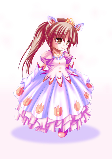 leonne, fushigiboshi no futago hime, 00s, 1girl, animal ears, brown eyes, brown hair, dress, female focus, high ponytail, petite, ponytail, simple background, skirt hold, solo, tiara