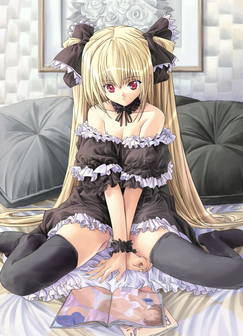 kiyama satoshi, eve (black cat), black cat (series), 00s, 1girl, :o, bare shoulders, black thighhighs, blonde hair, breasts, choker, cleavage, collarbone, dress, feet, female focus, goth fashion, gothic lolita, lingerie, lolita fashion, painting (object), panties, pillow, red eyes, ribbon, small breasts, solo, thighhighs, twintails, underwear, white panties, zettai ryouiki