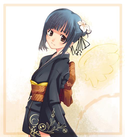 tachibana yuu, original, traditional clothes, jpeg artifacts, 1girl, black hair, brown eyes, female focus, flower, hair bun, hair flower, hair ornament, head tilt, japanese clothes, kimono, short hair, single hair bun, smile, solo, standing, tomoe (symbol), wings