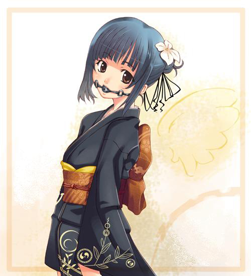 original, traditional clothes, exif thumbnail surprise, third-party edit, 1girl, ball gag, bdsm, black hair, bondage, bound, brown eyes, female focus, flower, gag, gagged, hair bun, hair flower, hair ornament, head tilt, japanese clothes, kimono, obi, sash, short hair, single hair bun, solo, standing, tomoe (symbol), wings
