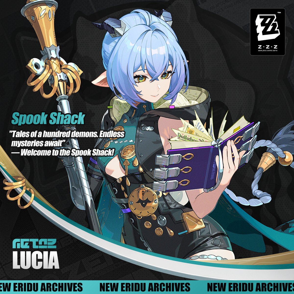 zenless zone zero, commentary, english commentary, highres, official art, 1girl, ahoge, bare shoulders, blue hair, book, braid, breasts, character name, english text, holding, holding book, holding staff, hood, horns, low twin braids, lucia (zenless zone zero), open book, pointy ears, reading, smile, solo, staff, thighs, twin braids