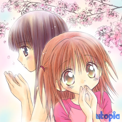 endo saya, tsubomi, yabuuchi yuu, endo saya (naisho no tsubomi), saya (saya no uta), tachibana tsubomi, naisho no tsubomi, lowres, 00s, 2girls, brown eyes, brown hair, cherry blossoms, long hair, multiple girls, naishonotsubomi, raglan sleeves, red hair, short hair, yabuuchiyuu