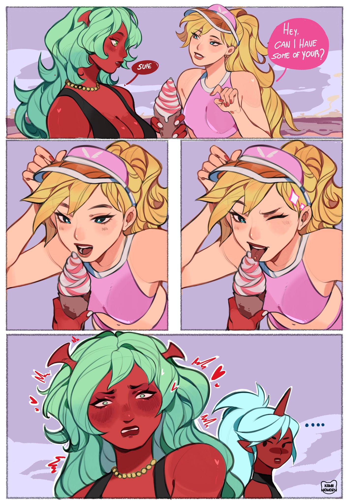 kamii momoru, kneesocks (psg), panty (psg), scanty (psg), panty & stocking with garterbelt, commentary, english commentary, highres, …, 3girls, blonde hair, blue eyes, blue hair, blush, breasts, cleavage, colored skin, crop top, demon, english text, food, hat, heart, holding, holding ice cream cone, horns, ice cream, ice cream cone, large breasts, long hair, medium breasts, multiple girls, one eye closed, open mouth, outdoors, parted lips, pink hat, pink tank top, ponytail, red skin, single horn, smile, speech bubble, tank top, tongue, tongue out, visor cap, yuri