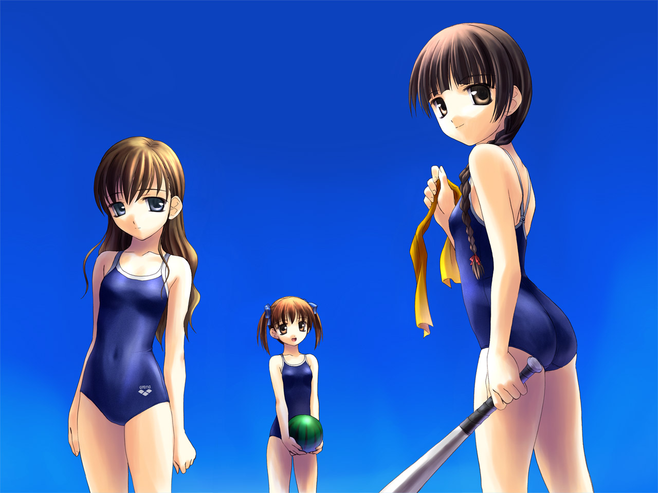norizou type-r, fukuzawa yumi, shimazu yoshino, toudou shimako, arena (company), maria-sama ga miteru, 00s, 3girls, baseball bat, beach, clothes writing, competition school swimsuit, competition swimsuit, food, fruit, multiple girls, one-piece swimsuit, school swimsuit, suikawari, swimsuit, watermelon