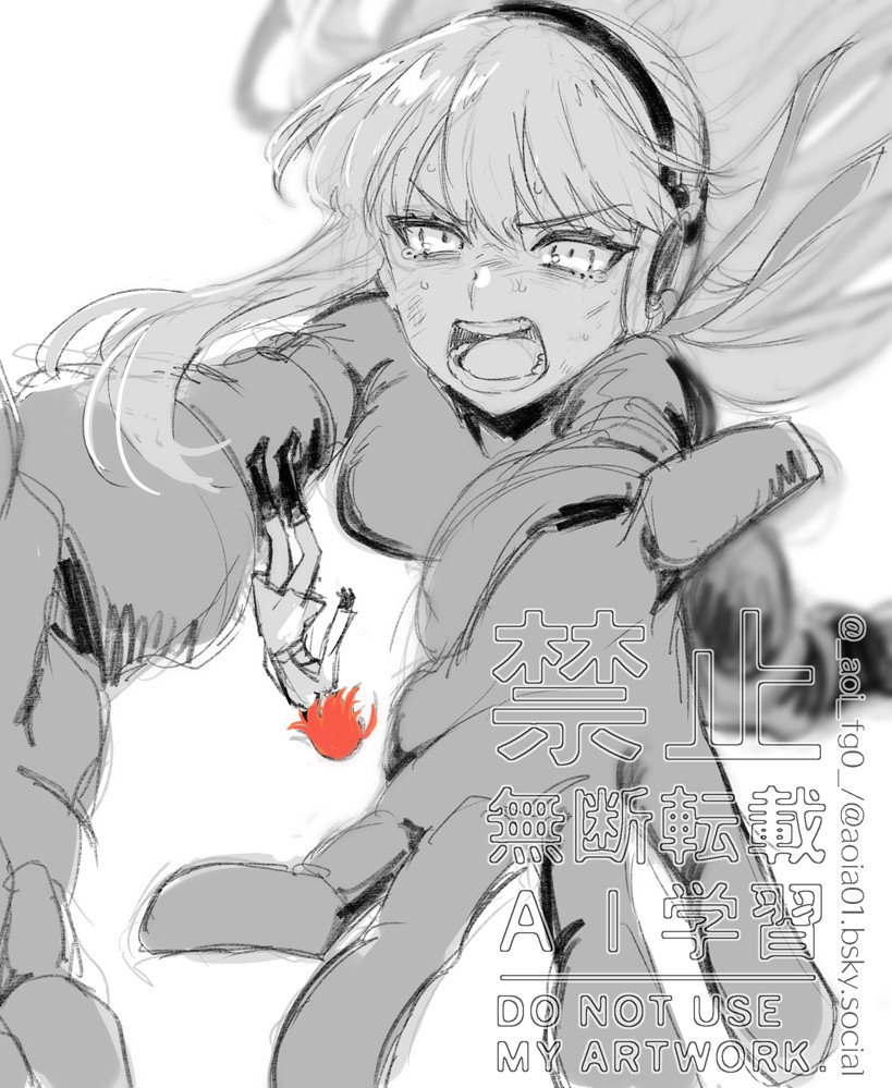 shino-o, fujimaru ritsuka (female), fujimaru ritsuka (female) (decisive battle chaldea uniform), kingprotea (fate), xochitonal (fate), fate/grand order, fate (series), commentary request, 2girls, bags under eyes, bluesky username, bodysuit, boots, floating hair, giant, giantess, greyscale, knee boots, long hair, monochrome, multiple girls, open mouth, orange hair, reaching, reaching towards another, serious, size difference, sketch, spot color, sweat, tearing up, teeth, twitter username, v-shaped eyebrows, watermark