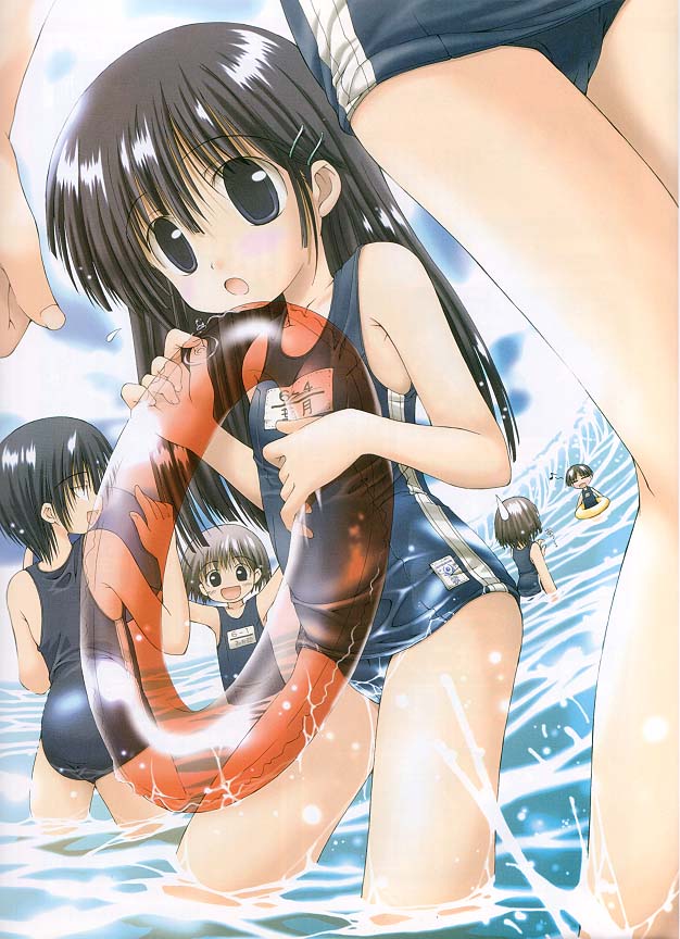 mima chi, original, jpeg artifacts, 6+girls, armpits, beach, black hair, blue one-piece swimsuit, brown hair, character name, cowboy shot, day, from side, hair between eyes, holding, holding swim ring, innertube, legs apart, multiple girls, name tag, ocean, one-piece swimsuit, open mouth, outdoors, school swimsuit, sky, standing, sweatdrop, swim ring, swimsuit, thighs, wading, water, waves, wide-eyed