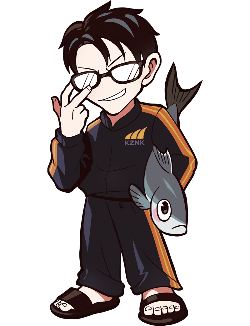 puppeteer7777, crazy raccoon, fish request, official art, second-party source, animal, anime coloring, black-framed eyewear, black eyes, black hair, black jacket, black pants, black sandals, black sleeve cuffs, black sleeves, closed mouth, collared jacket, eyes over blush, facing viewer, fingernails, fish, flip-flops, frown, full body, glasses, grin, hair intakes, holding, holding animal, holding fish, jacket, kazunoko (crazy racoon), legs apart, opaque glasses, pants, parted bangs, print jacket, round collar, sandals, sleeve cuffs, smile, solo, standing, striped clothes, striped pants, striped sleeves, sweatpants, tachi-e, teeth, text print, thick lineart, toenails, toes, track jacket, track pants, track suit, transparent background, vertical-striped clothes, vertical-striped pants, vertical-striped sleeves
