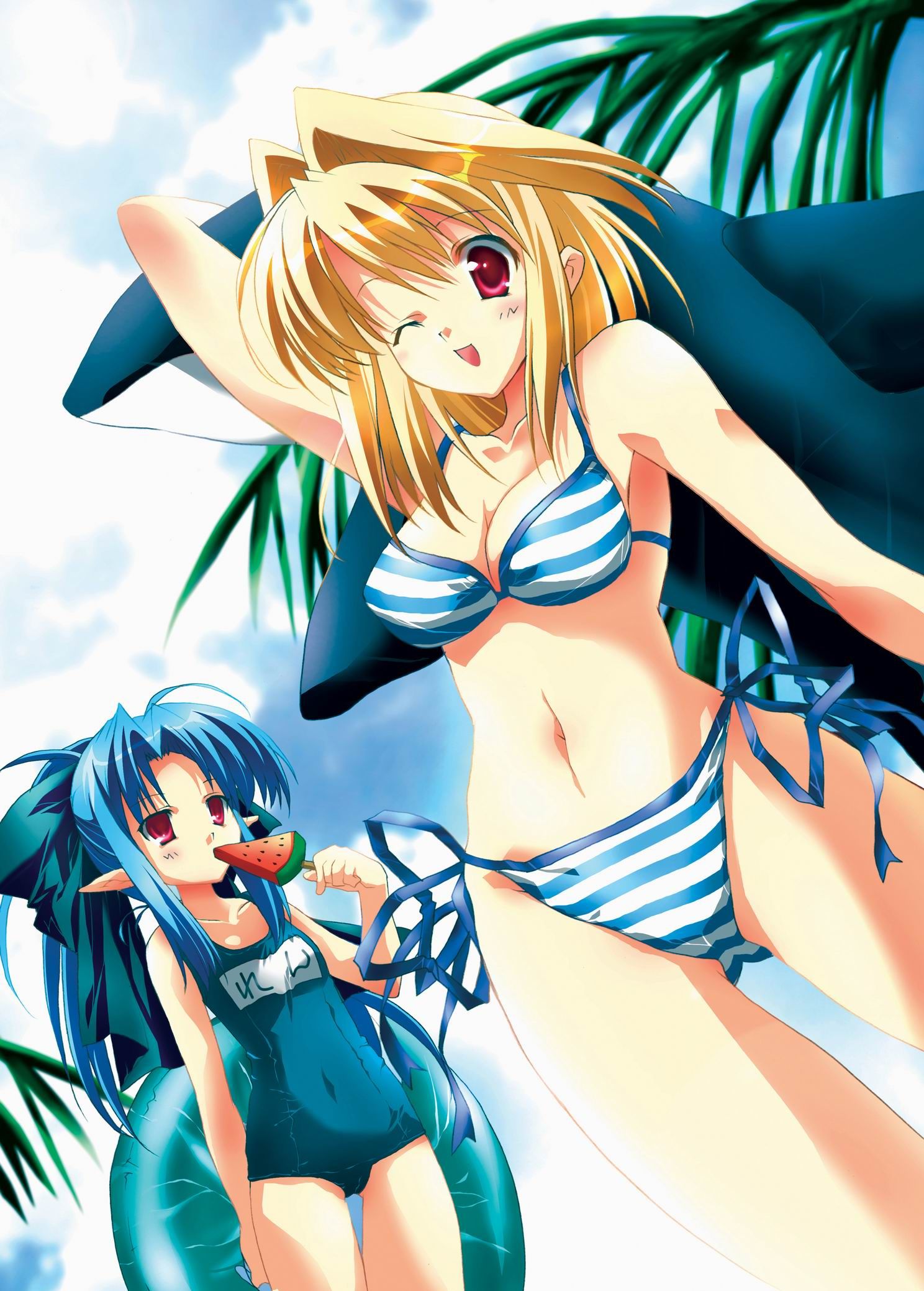 ariko youichi, arcueid brunestud, len (tsukihime), tsukihime, highres, 00s, 2girls, bikini, blonde hair, blue hair, breasts, cleavage, day, half updo, innertube, medium breasts, multiple girls, name tag, one-piece swimsuit, one eye closed, ponytail, red eyes, school swimsuit, side-tie bikini bottom, string bikini, striped bikini, striped clothes, swim ring, swimsuit, wink