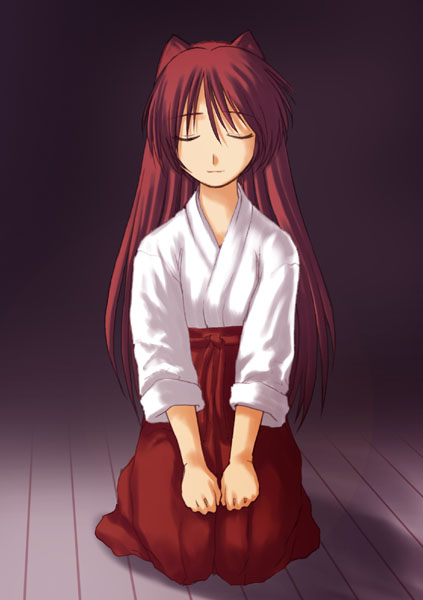 kousaka tamaki, to heart (series), to heart 2, artist request, 00s, 1girl, closed eyes, female focus, hakama, hakama skirt, japanese clothes, long hair, miko, red hair, red hakama, skirt, solo