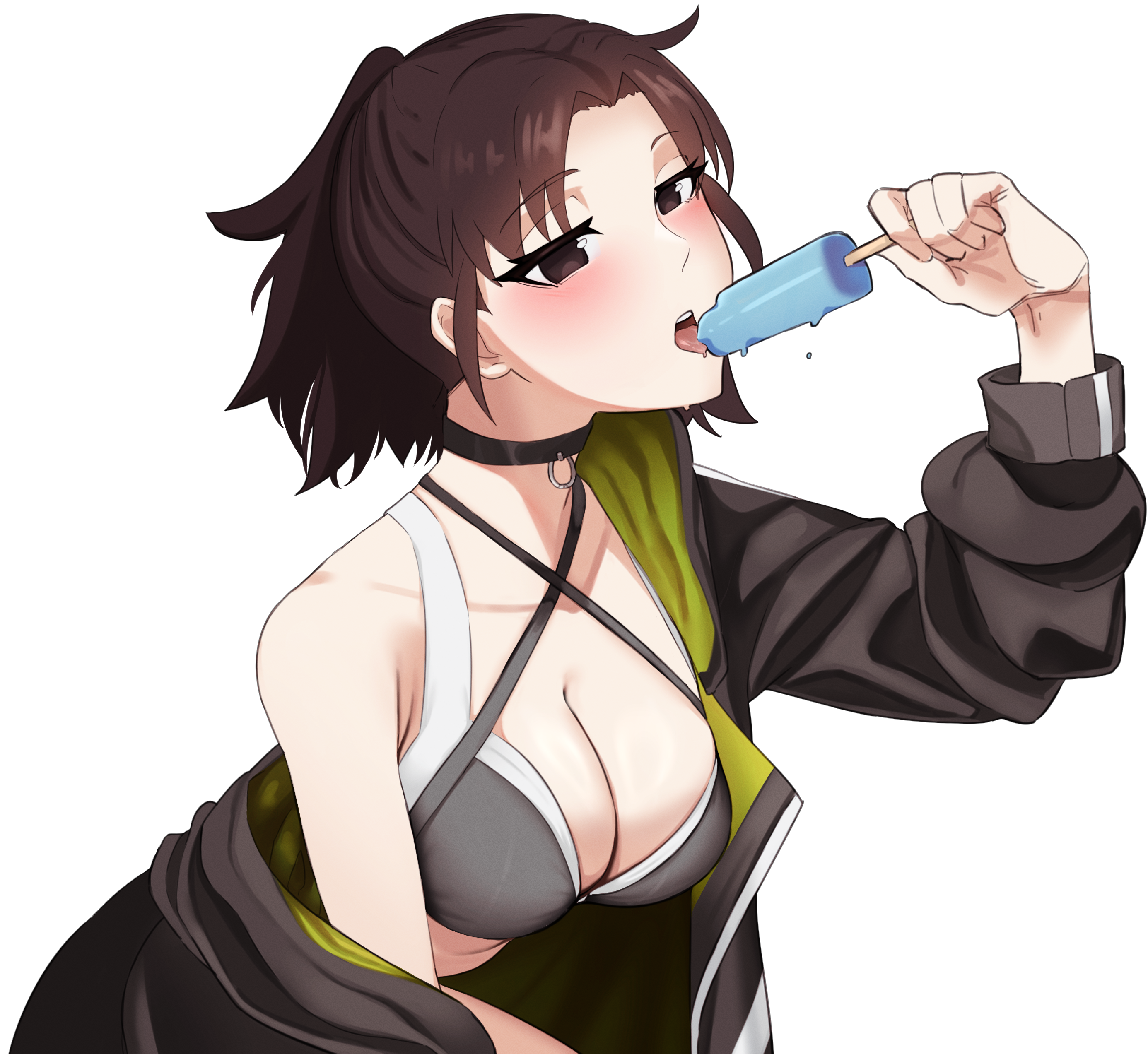 dexazael, ryougi shiki, ryougi shiki (swimsuit mooncancer), fate/grand order, fate (series), kara no kyoukai, absurdres, highres, 1girl, bikini, breasts, brown hair, food, jacket, layered bikini, popsicle, short hair, swimsuit