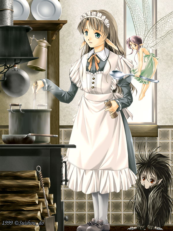 kayazu taira, white legwear, 3girls, apron, brown hair, changling, cooking, elf, fairy, frying pan, insect wings, kitchen, maid, maid apron, maid headdress, mini person, minigirl, monster, monster girl, multiple girls, naked apron, pantyhose, pointy ears, red eyes, size difference, spoon, steam, wings