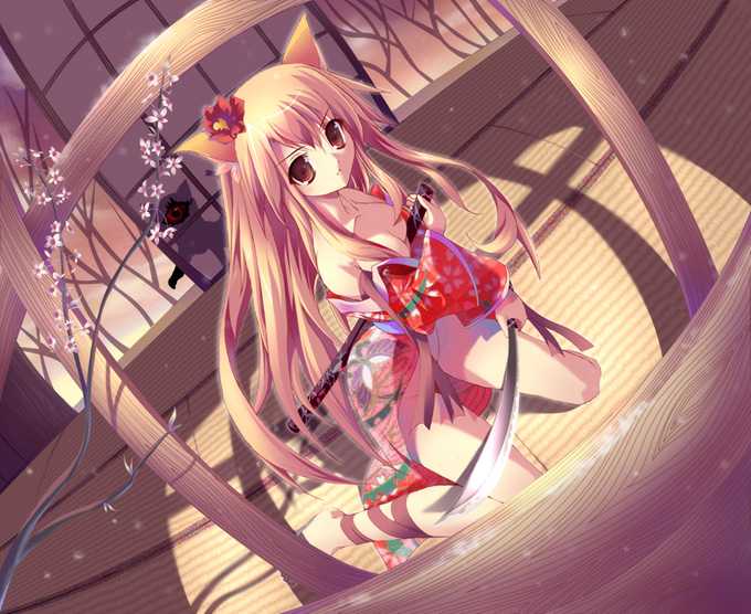yamamoto nori, animal ears, fox ears, japanese clothes, katana, no panties, solo, sword, weapon