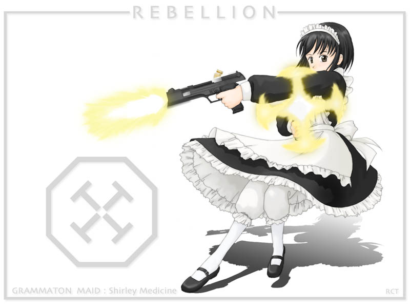 shirley medison, equilibrium, shirley (manga), 1girl, beretta 92, beretta 92f, black hair, bloomers, bob cut, casing ejection, cocking gun, combat maid, crossover, dual wielding, female focus, firing, grey eyes, gun, gunkata, handgun, hands on own hips, holding, holding gun, holding weapon, maid, maid headdress, mary janes, muzzle flash, pantyhose, parody, pistol, semi-automatic pistol, shell casing, shoes, short hair, solo, underwear, weapon, white bloomers, white pantyhose