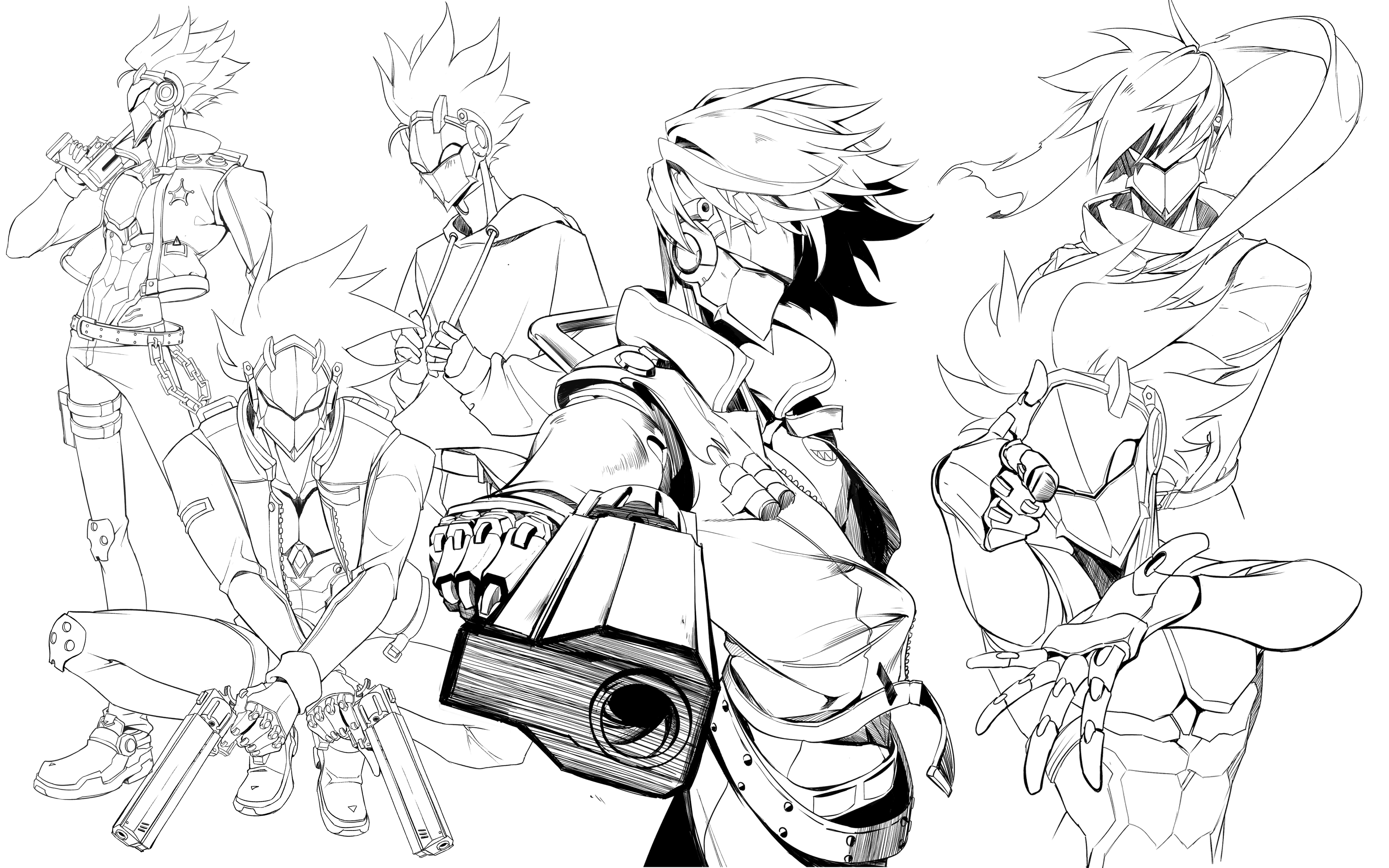 billy kid, zenless zone zero, absurdres, commentary, hashtag-only commentary, highres, 1boy, abs, aiming, aiming at viewer, arm up, bare pectorals, belt, chain, collared jacket, cropped jacket, cyborg, drawstring, floating scarf, greyscale, groin, gun, handgun, holding, holding gun, holding weapon, hood, hood down, hoodie, jacket, kneeling, like0629521, long sleeves, male focus, monochrome, multiple views, open clothes, open jacket, outstretched arm, pants, pectorals, popped collar, pouch, scarf, sheriff badge, short hair, simple background, standing, studded belt, thigh pouch, topless male, weapon, white background