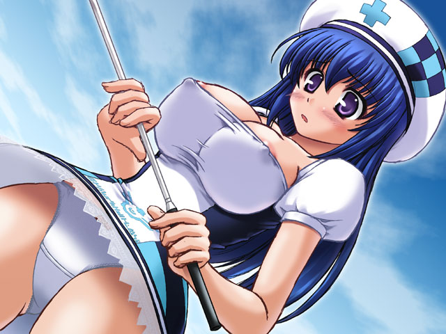 abu, arin (pangya), pangya, 1girl, areola slip, beret, blue hair, breasts, cleavage, covered erect nipples, female focus, from below, golf, golf club, hat, large breasts, lifeguard, long hair, miniskirt, nipple slip, nipples, nurse, panties, purple eyes, skirt, solo, underwear, upskirt, white panties
