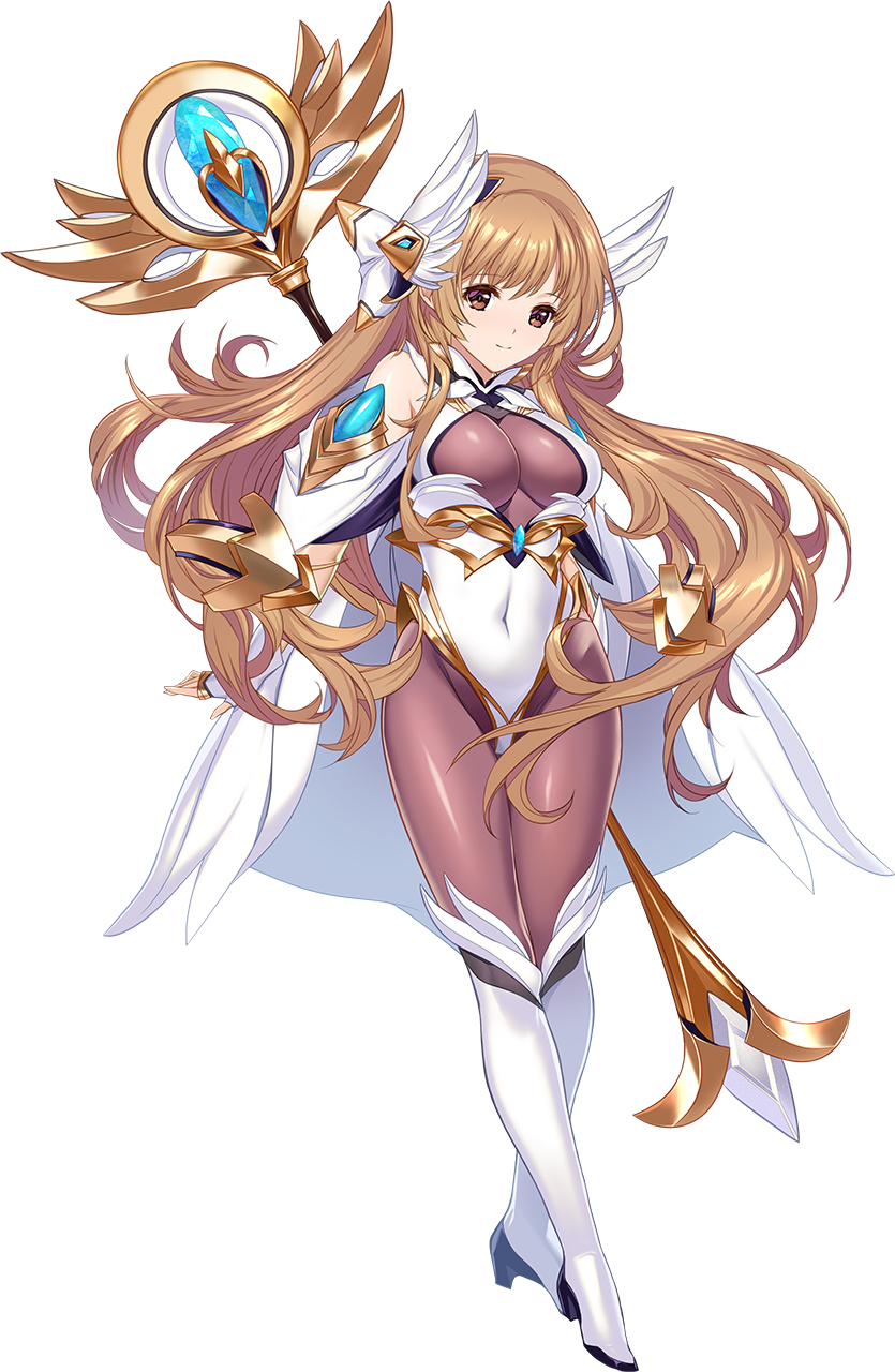 min-naraken, kamishiro kotone, choukou (alicesoft), choukou taisen escalation heroines, oyako rankan, highres, official art, 1girl, breasts, brown eyes, cape, cleavage, covered navel, full body, hair ornament, holding, holding staff, large breasts, long hair, official alternate costume, orange hair, smile, staff, tachi-e, white cape, wing hair ornament