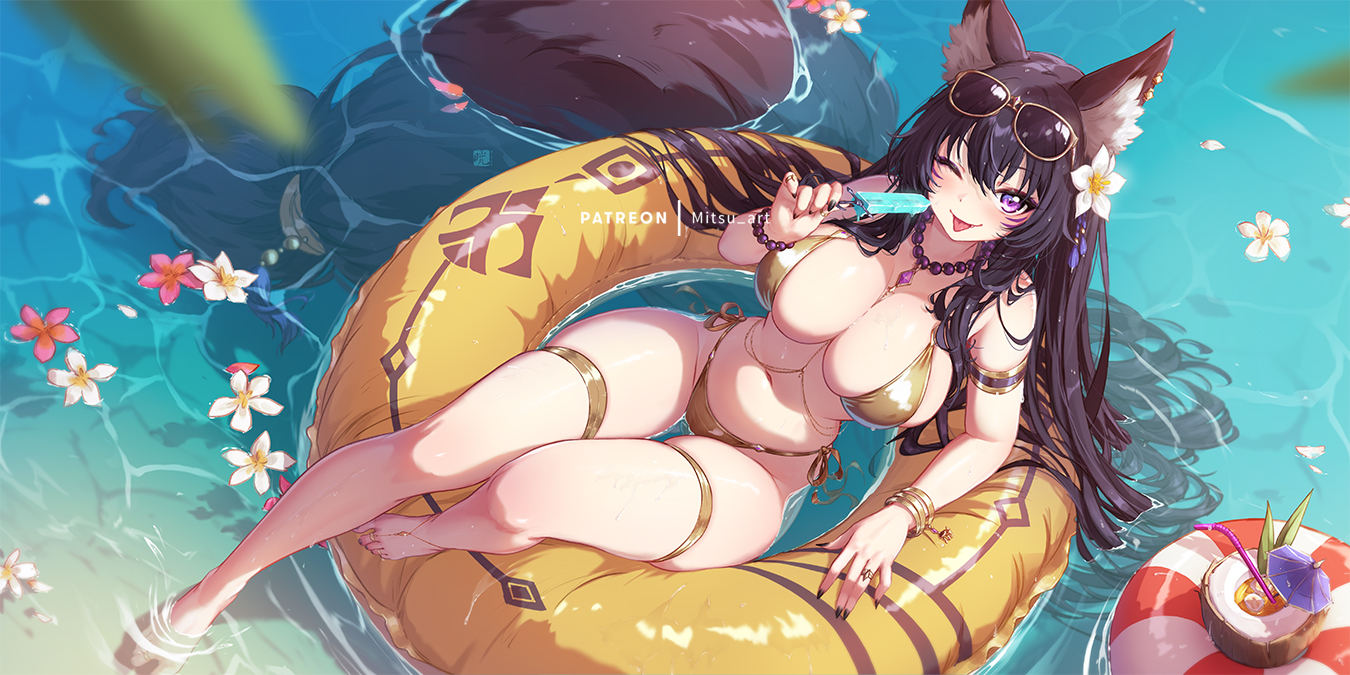 mitsu (mitsu art), original, gold armlet, 1girl, ;p, animal ear fluff, animal ears, bead bracelet, bead necklace, beads, bikini, black hair, black nails, bracelet, breasts, cleavage, cocktail umbrella, drinking straw, eyewear on head, flower, flower on liquid, food, gold bikini, gold bracelet, gold thighlet, holding, holding food, holding popsicle, jewelry, large breasts, long hair, navel, necklace, one eye closed, patreon username, pink flower, popsicle, purple eyes, solo, sunglasses, swim ring, swimsuit, tail, tongue, tongue out, water, white flower, wolf ears, wolf girl, wolf tail
