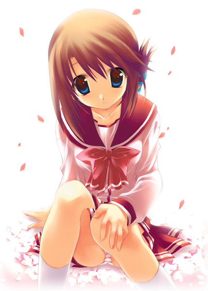 ariko youichi, komaki manaka, to heart (series), to heart 2, 00s, 1girl, blue eyes, brown hair, female focus, folded ponytail, panties, pantyshot, pink panties, pleated skirt, school uniform, serafuku, sitting, skirt, socks, solo, striped clothes, striped panties, underwear
