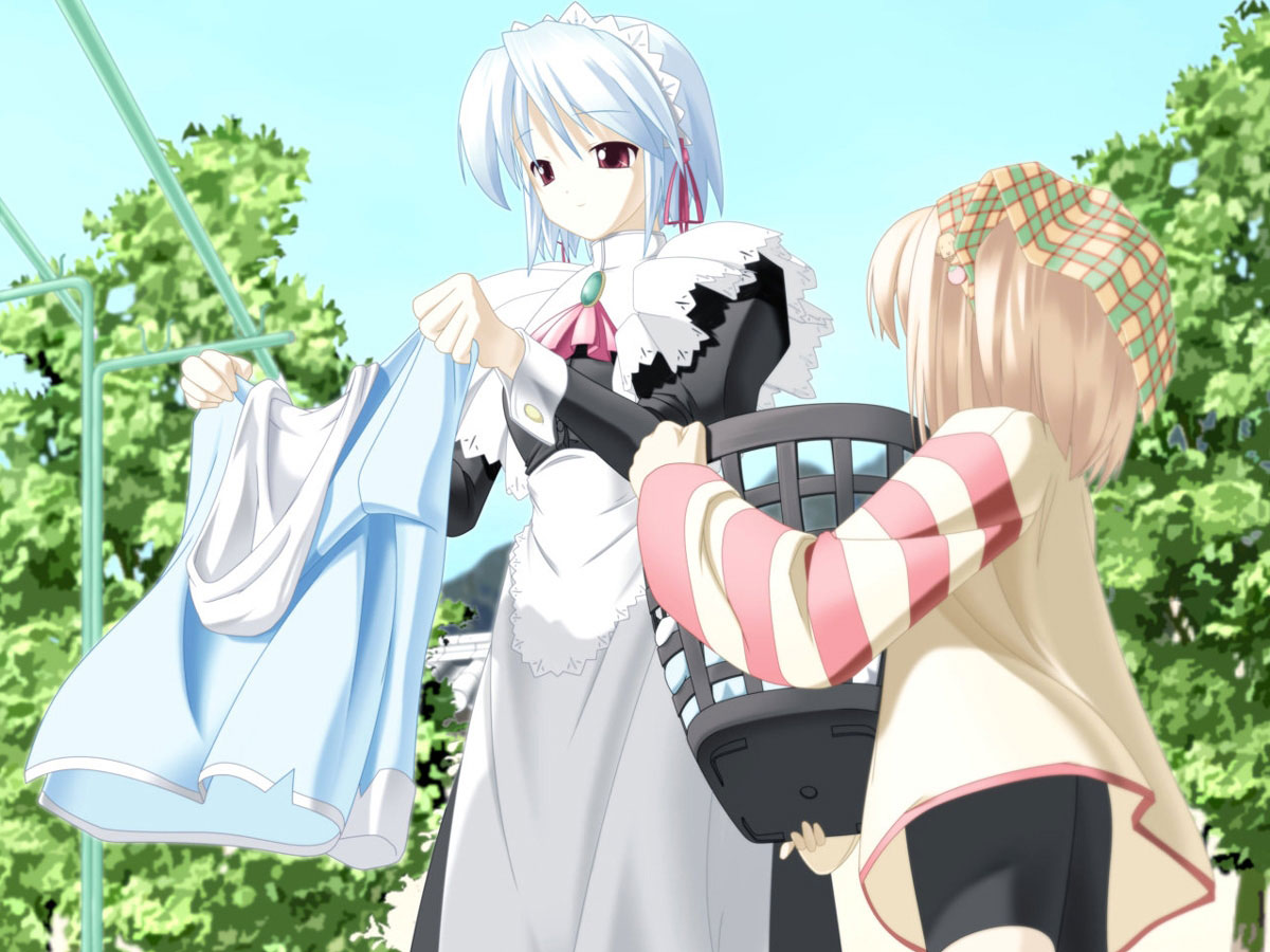 su…, kotonomiya yuki, waha, yamato suzuran, suigetsu, plaid, striped, 2girls, bandana, basket, bike shorts, blue hair, brooch, brown hair, child, day, dress, flower, hood, hoodie, jewelry, laundry, lily of the valley, maid, multiple girls, outdoors, red eyes, short hair, sky, smile, turtleneck