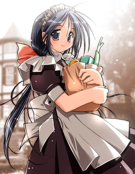 apron, bow, food, grey eyes, long hair, maid, maid apron, snow, snowing, solo