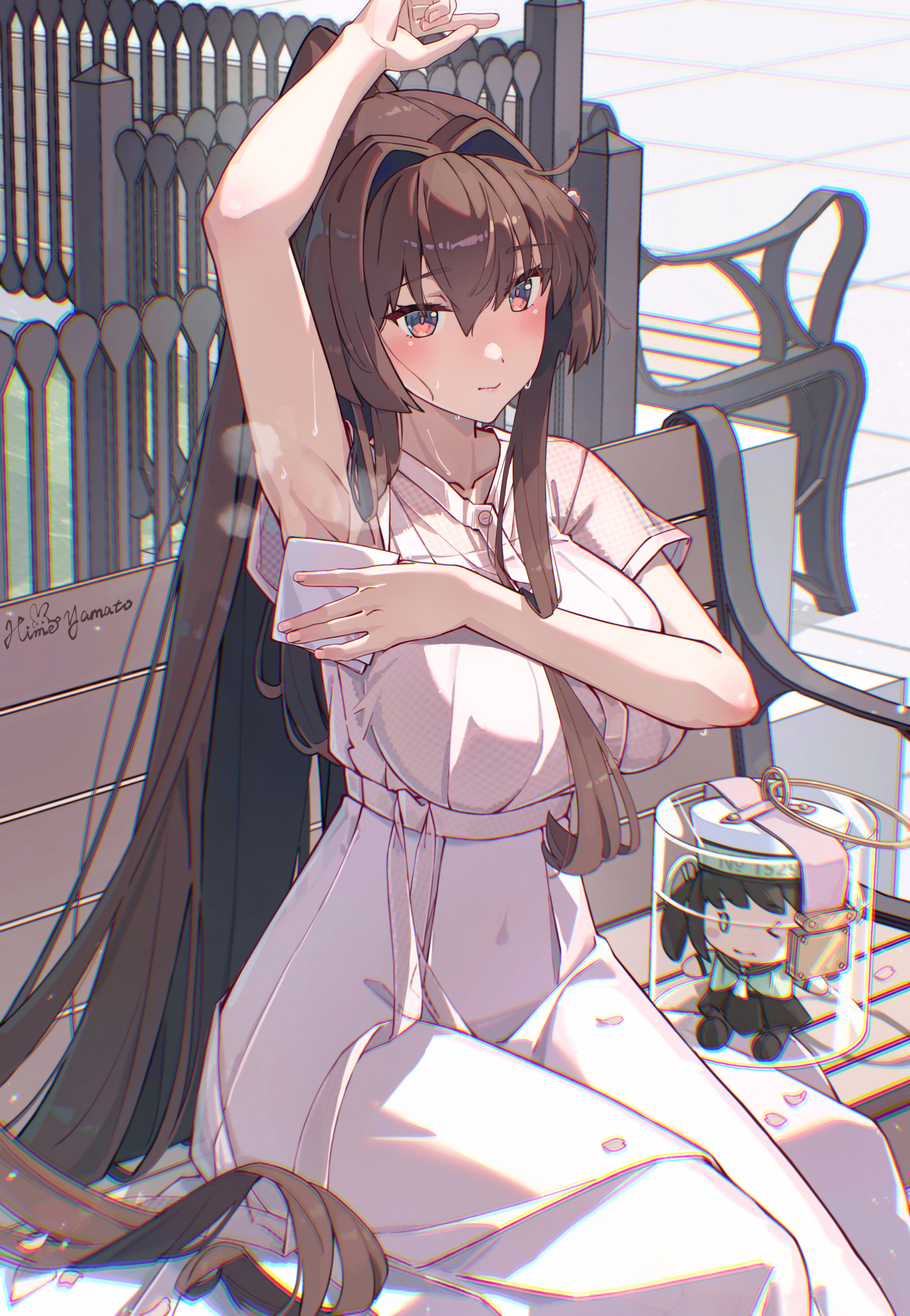 himeyamato, fairy (kancolle), yamato (kancolle), kantai collection, commentary request, highres, revision, 1girl, alternate costume, arm up, armpits, bench, breasts, brown hair, casual, cherry blossoms, day, dress, flower, hair between eyes, hair flower, hair intakes, hair ornament, huge breasts, lathe, long hair, machine tool, outdoors, park bench, pink dress, ponytail, red eyes, reference sheet, road, short sleeves, sidelocks, sitting, solo, street, very long hair