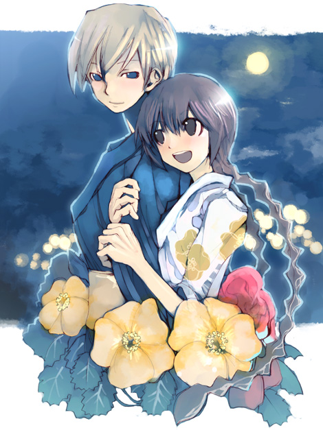 kei (keigarou), hasekura rei, shimazu yoshino, maria-sama ga miteru, 00s, 1boy, 2girls, :d, androgynous, arm hug, black eyes, black hair, blonde hair, blue eyes, braid, couple, floral print, flower, full moon, japanese clothes, kimono, long hair, looking at another, moon, multiple girls, night, open mouth, rose, smile, twin braids, yellow flower, yellow rose, yukata, yuri