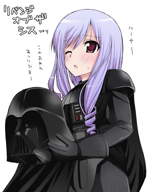 yatsune rika, aria (sister princess), darth vader, sister princess, star wars, translated, 1girl, cosplay, crossover, darth vader (cosplay), female focus, gloves, long hair, mask, one eye closed, open mouth, parody, purple hair, simple background, solo, unmask, unworn mask, white background