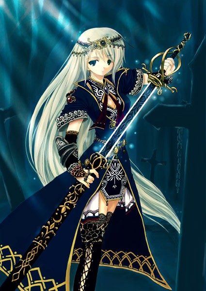 mikazukimo, duplicate, 1girl, armor, armored dress, black thighhighs, blonde hair, blue eyes, breasts, chain, cleavage, cross, dress, fantasy, female focus, gloves, headdress, lace, lace-trimmed thighhighs, lace trim, latin cross, long hair, outdoors, sheath, small breasts, solo, sword, thighhighs, thighs, unsheathing, very long hair, weapon